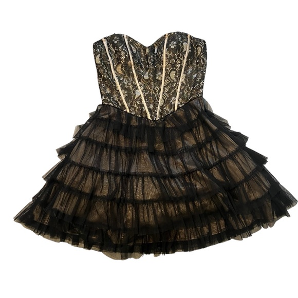 Masquerade Dresses & Skirts - Vintage 90s Masquerade Strapless Black Gold Tiered Tulle Tutu Skirt Dress,Sz 5/6